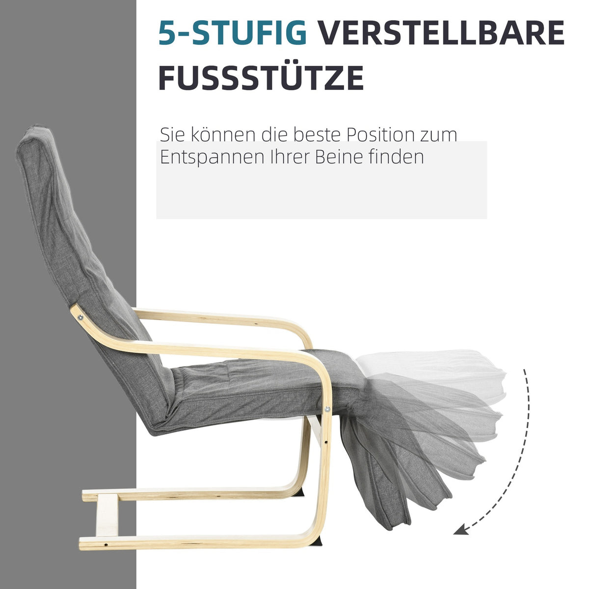 Relaxation chair, swing chair, recliner, relaxation chair with adjustable footrest, dining chair with linen look for living room, birch wood, gray 66.5 x 94 x 100cm