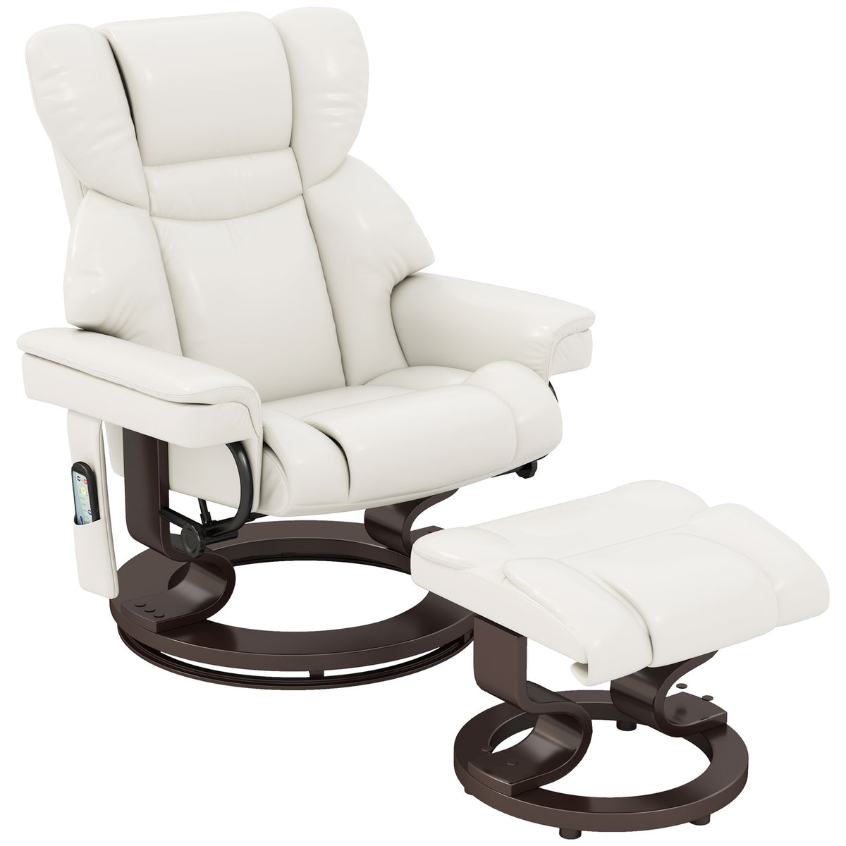 Relaxation chair with footstool, electric TV chair with reclining function, swivel massage chair with remote control, side pocket, for living room, faux leather, cream white