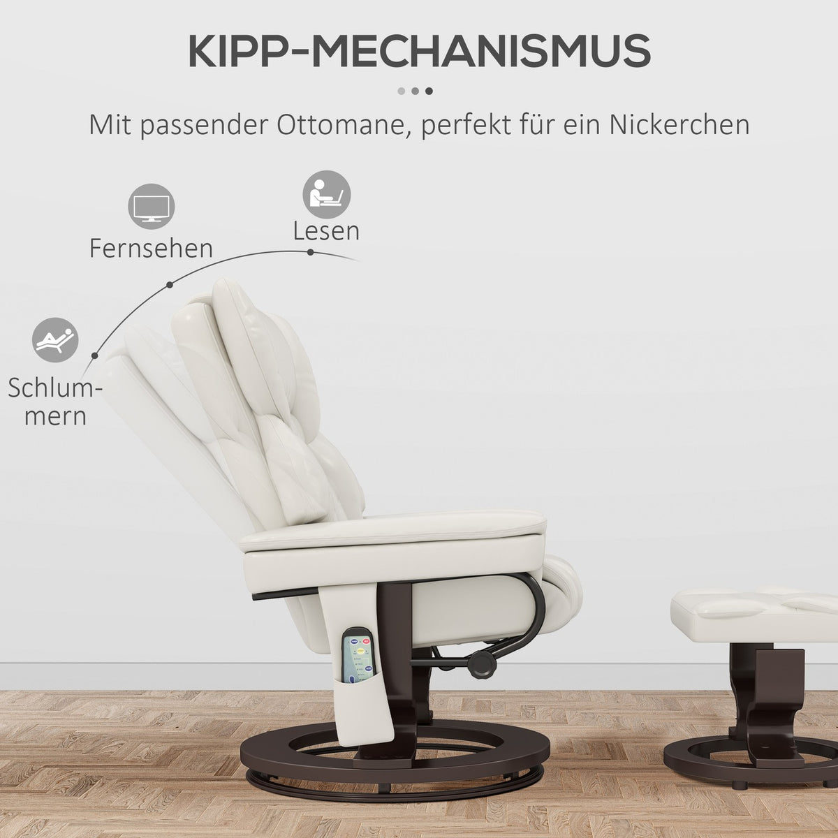 Relaxation chair with footstool, electric TV chair with reclining function, swivel massage chair with remote control, side pocket, for living room, faux leather, cream white