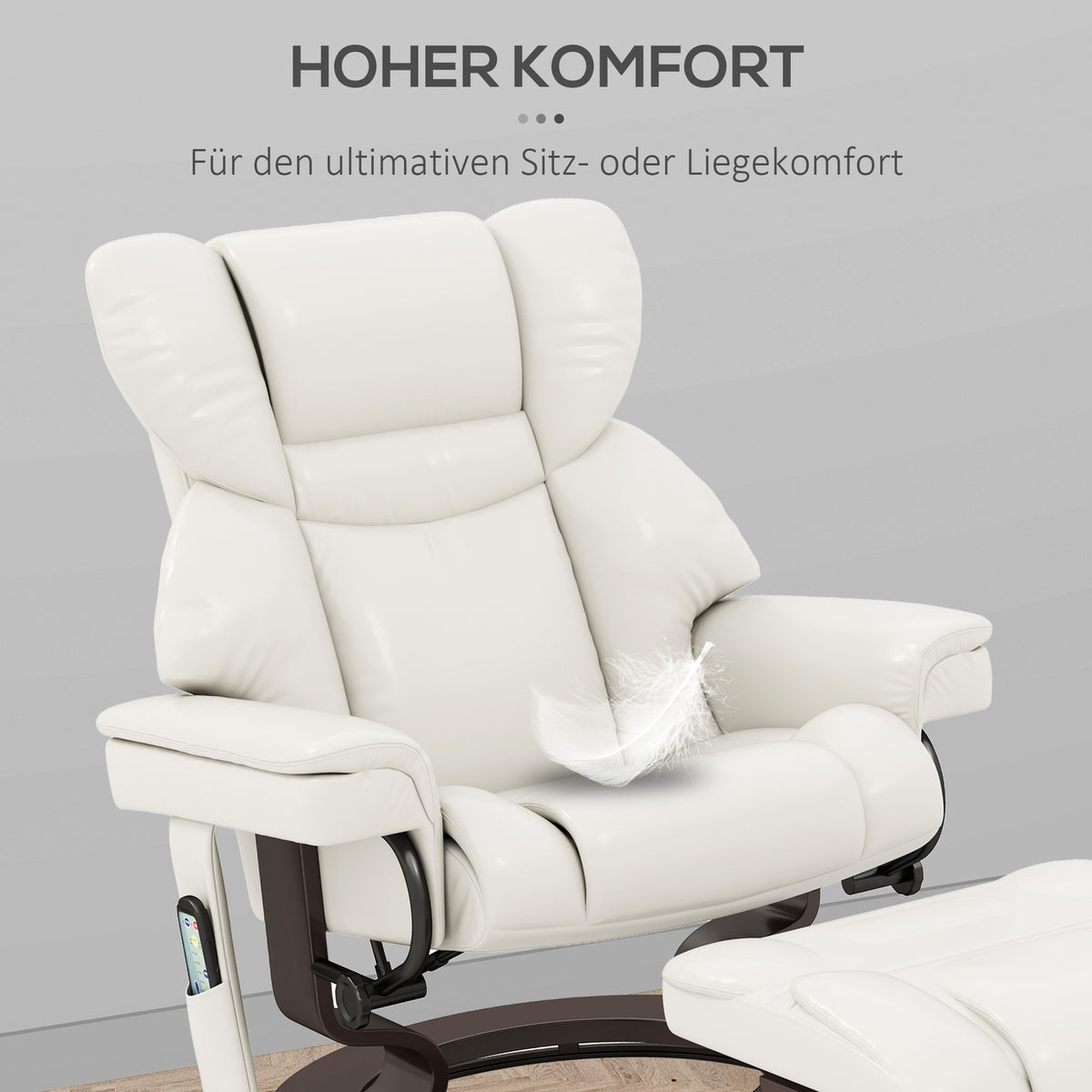 Relaxation chair with footstool, electric TV chair with reclining function, swivel massage chair with remote control, side pocket, for living room, faux leather, cream white