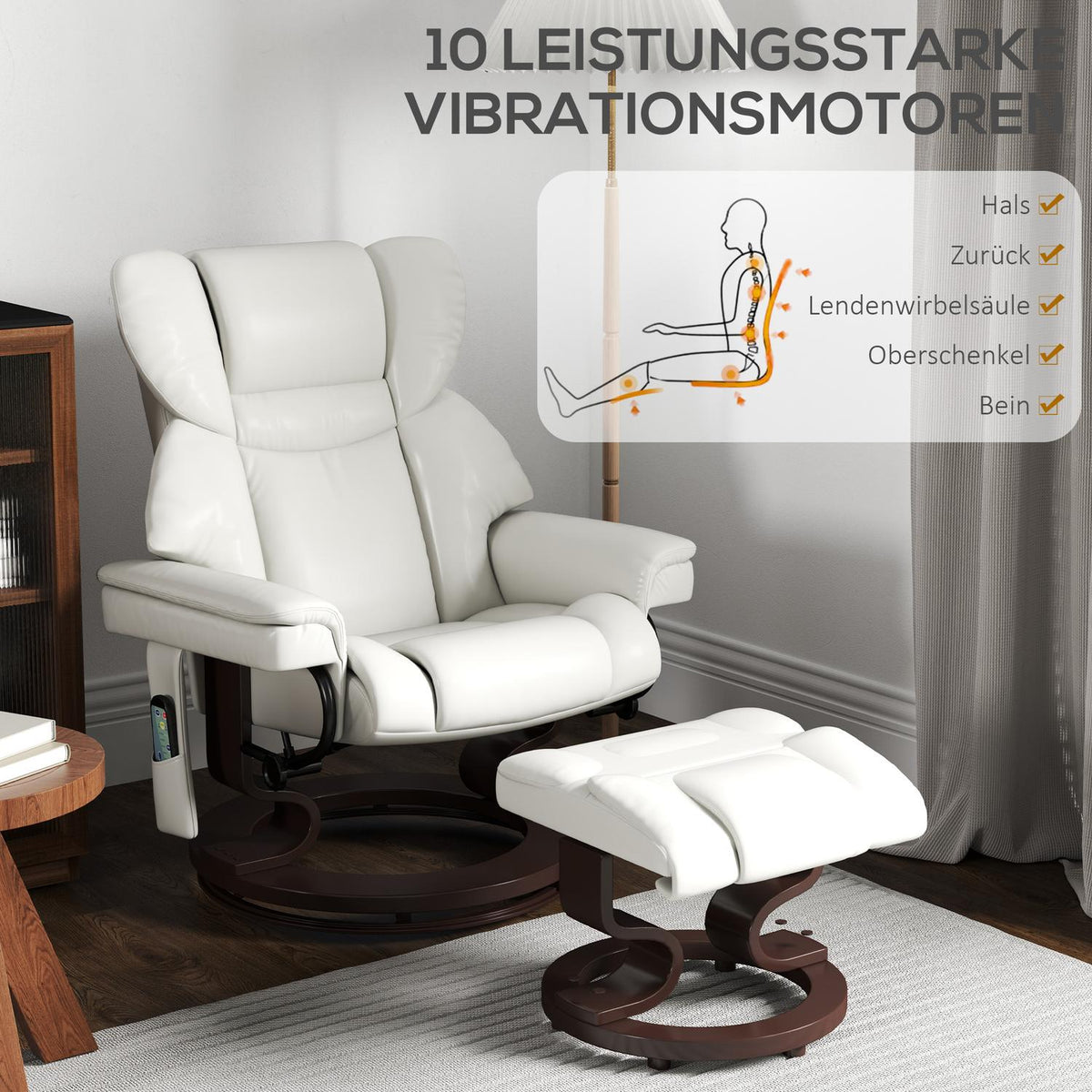 Relaxation chair with footstool, electric TV chair with reclining function, swivel massage chair with remote control, side pocket, for living room, faux leather, cream white