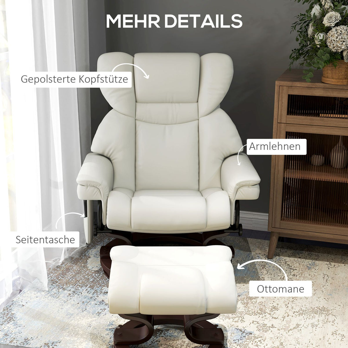 Relaxation chair with footstool, electric TV chair with reclining function, swivel massage chair with remote control, side pocket, for living room, faux leather, cream white