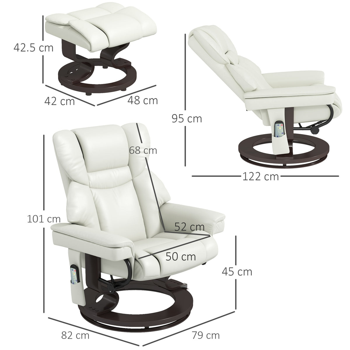Relaxation chair with footstool, electric TV chair with reclining function, swivel massage chair with remote control, side pocket, for living room, faux leather, cream white