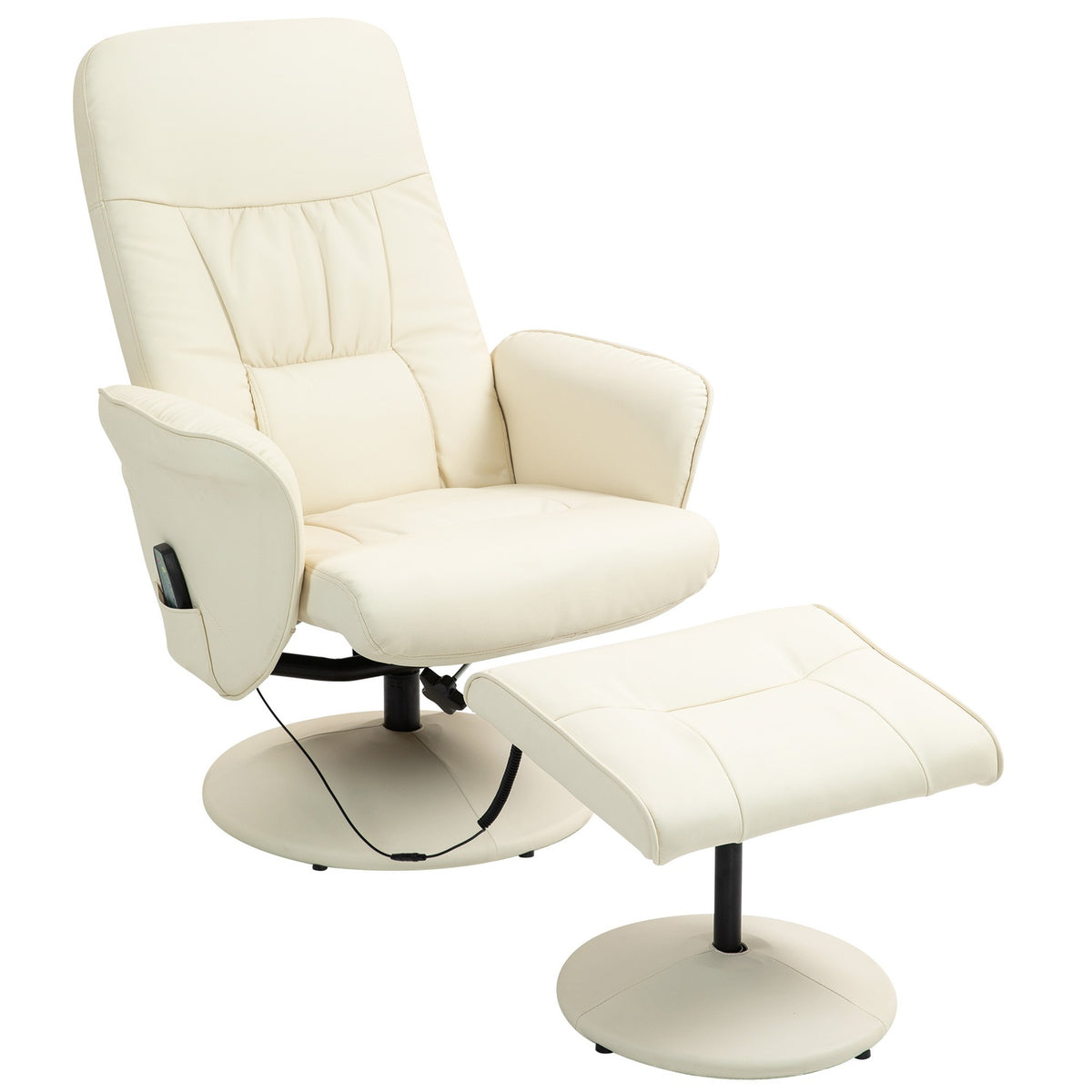 Relaxation chair with footstool, electric massage chair with reclining function, 10 massage points, rotating TV chair with side pocket, remote control, faux leather, cream white