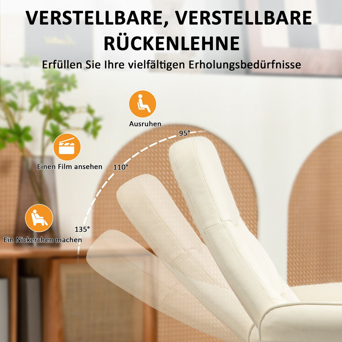 Relaxation chair with footstool, electric massage chair with reclining function, 10 massage points, rotating TV chair with side pocket, remote control, faux leather, cream white