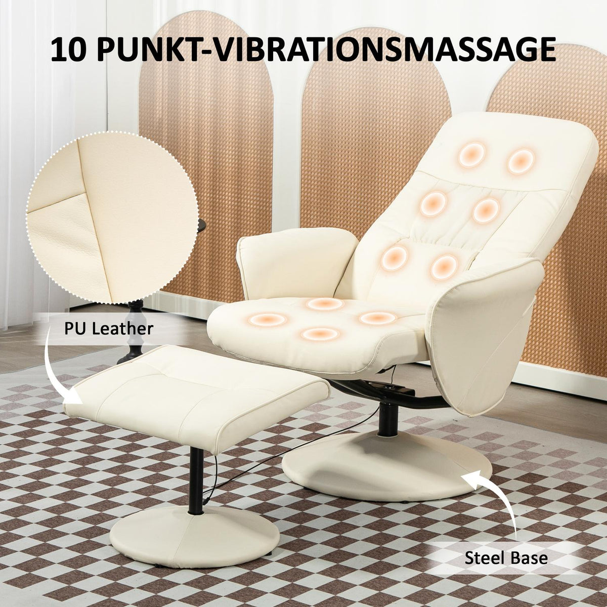 Relaxation chair with footstool, electric massage chair with reclining function, 10 massage points, rotating TV chair with side pocket, remote control, faux leather, cream white