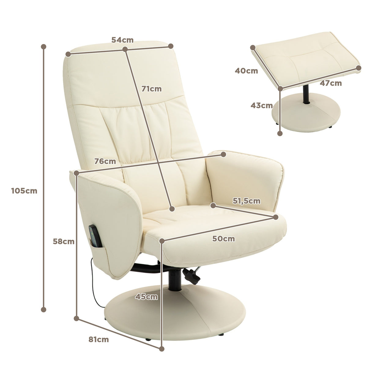 Relaxation chair with footstool, electric massage chair with reclining function, 10 massage points, rotating TV chair with side pocket, remote control, faux leather, cream white