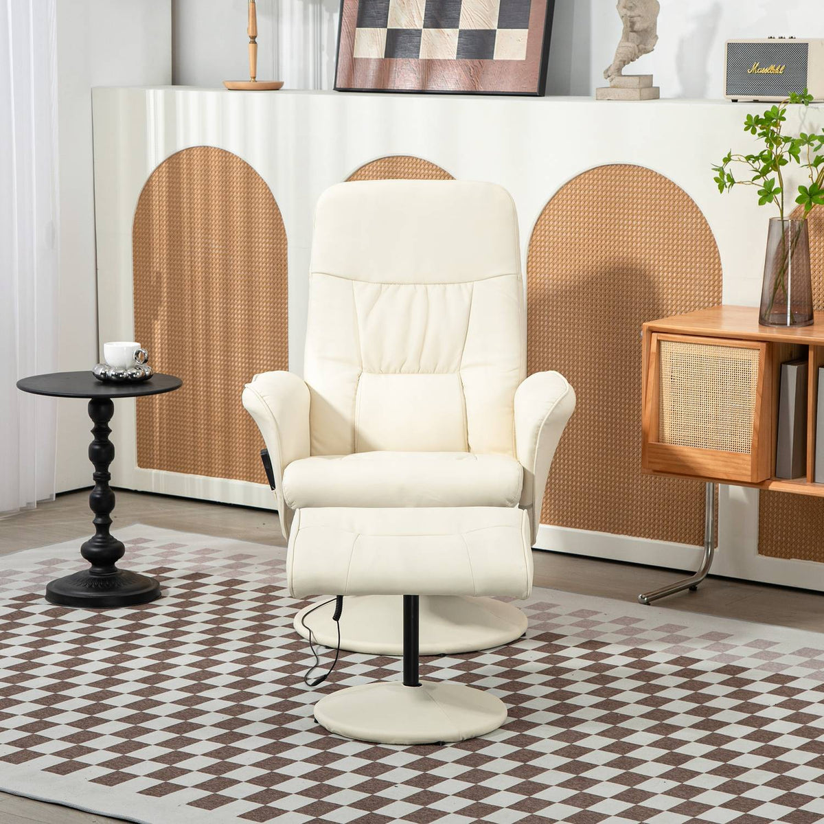 Relaxation chair with footstool, electric massage chair with reclining function, 10 massage points, rotating TV chair with side pocket, remote control, faux leather, cream white