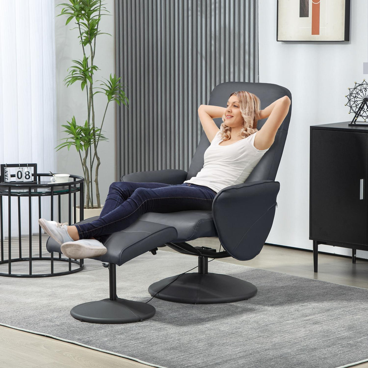 Relaxation chair with footstool, electric massage chair with reclining function, 10 massage points, rotating TV chair with side pocket, remote control, faux leather, dark gray