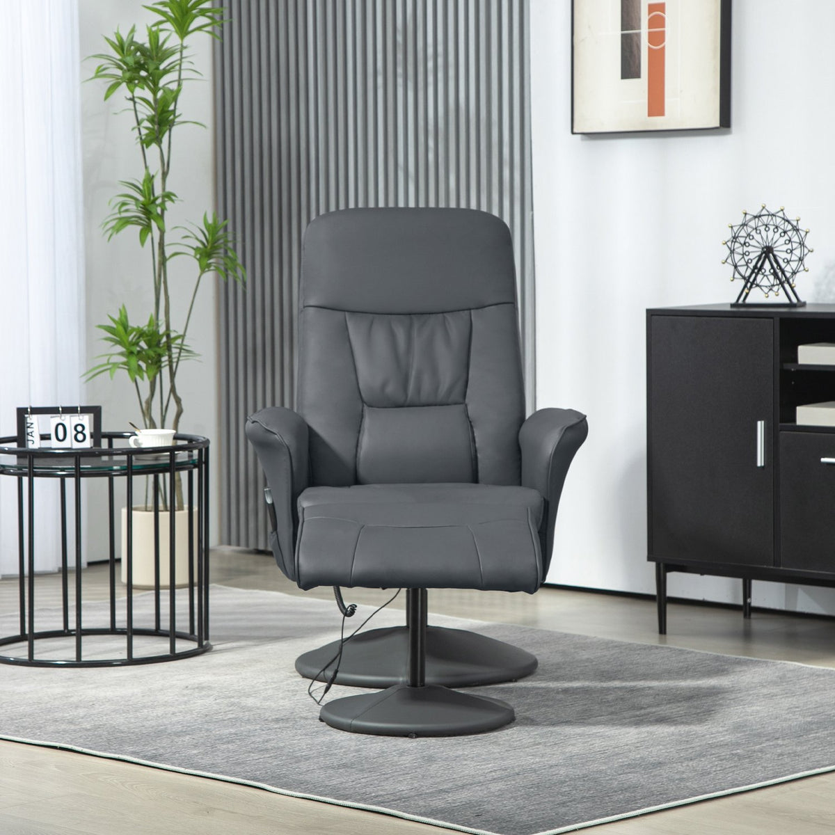 Relaxation chair with footstool, electric massage chair with reclining function, 10 massage points, rotating TV chair with side pocket, remote control, faux leather, dark gray