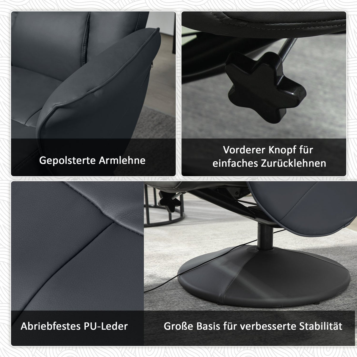 Relaxation chair with footstool, electric massage chair with reclining function, 10 massage points, rotating TV chair with side pocket, remote control, faux leather, dark gray