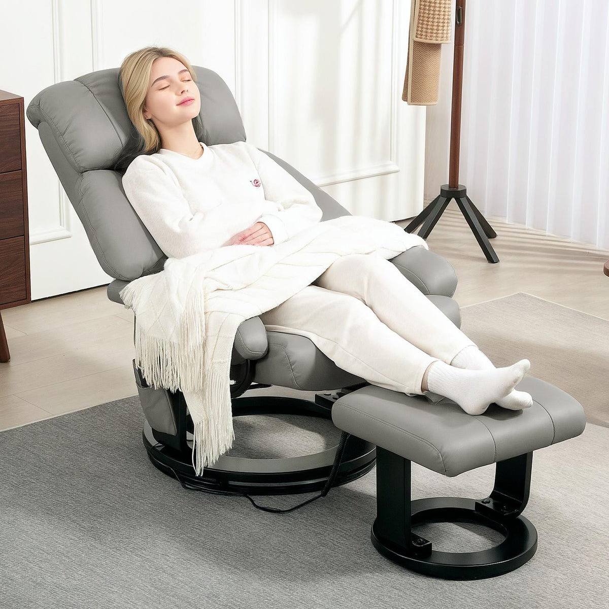 Relaxation chair with footstool, massage chair with reclining function, electric recliner with remote control, TV chair with side pocket, faux leather, gray