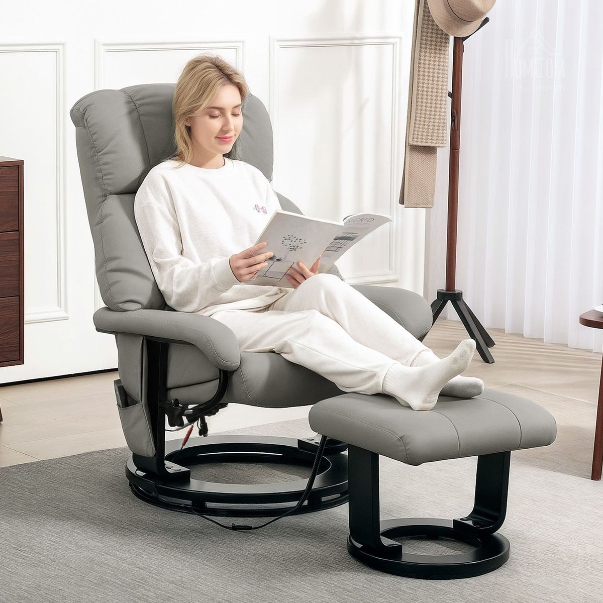 Relaxation chair with footstool, massage chair with reclining function, electric recliner with remote control, TV chair with side pocket, faux leather, gray