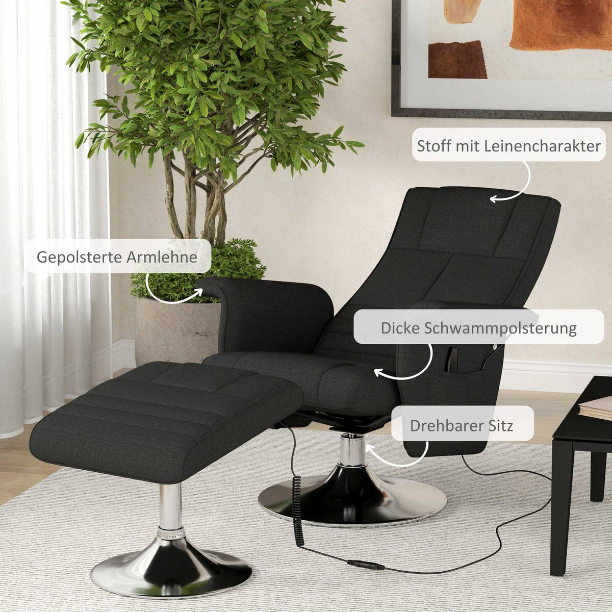 Relaxation chair with footstool, rotating massage chair with reclining function, 8 point vibration massage, electric TV chair with remote control, linen look, steel, black