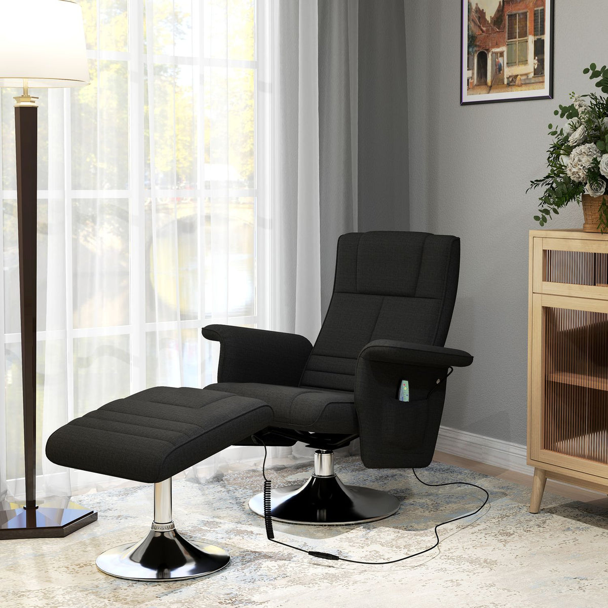 Relaxation chair with footstool, rotating massage chair with reclining function, 8 point vibration massage, electric TV chair with remote control, linen look, steel, black