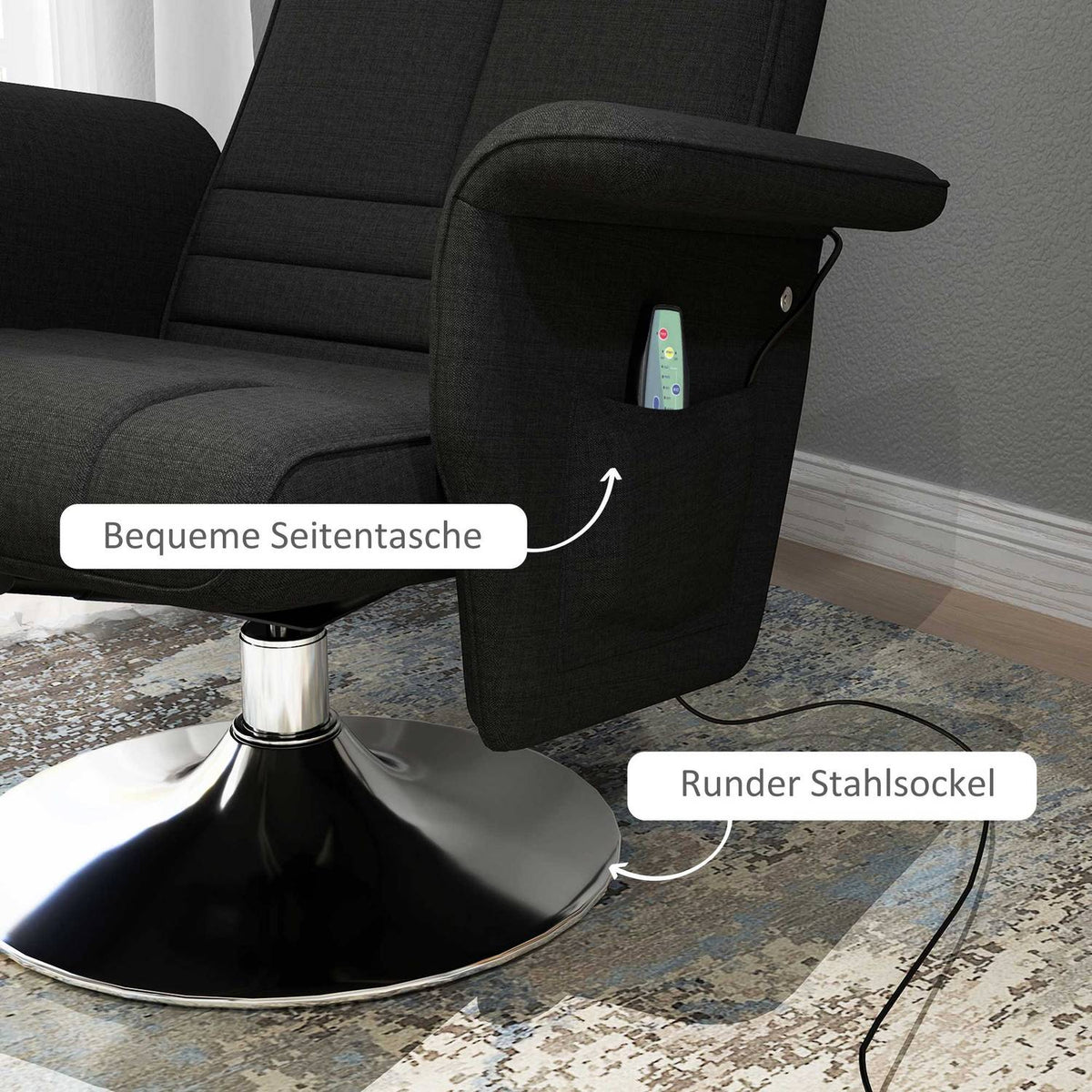 Relaxation chair with footstool, rotating massage chair with reclining function, 8 point vibration massage, electric TV chair with remote control, linen look, steel, black