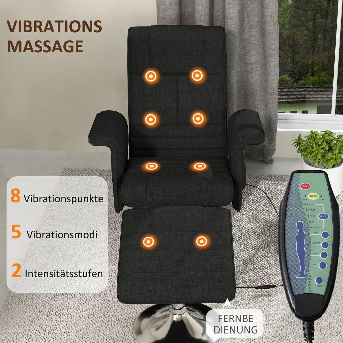 Relaxation chair with footstool, rotating massage chair with reclining function, 8 point vibration massage, electric TV chair with remote control, linen look, steel, black