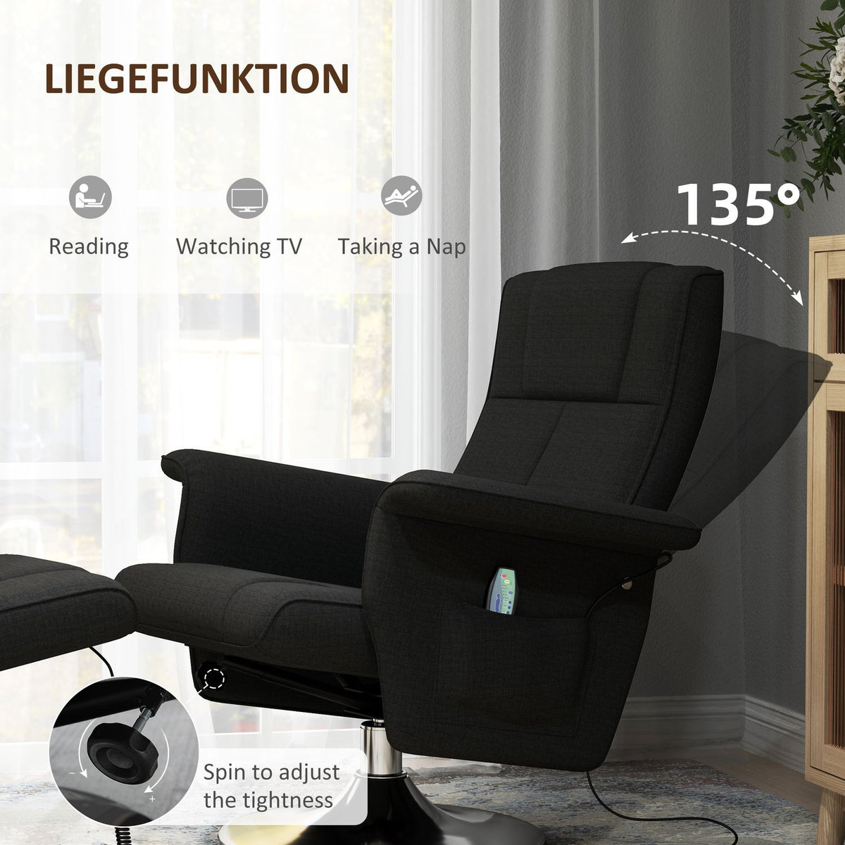 Relaxation chair with footstool, rotating massage chair with reclining function, 8 point vibration massage, electric TV chair with remote control, linen look, steel, black