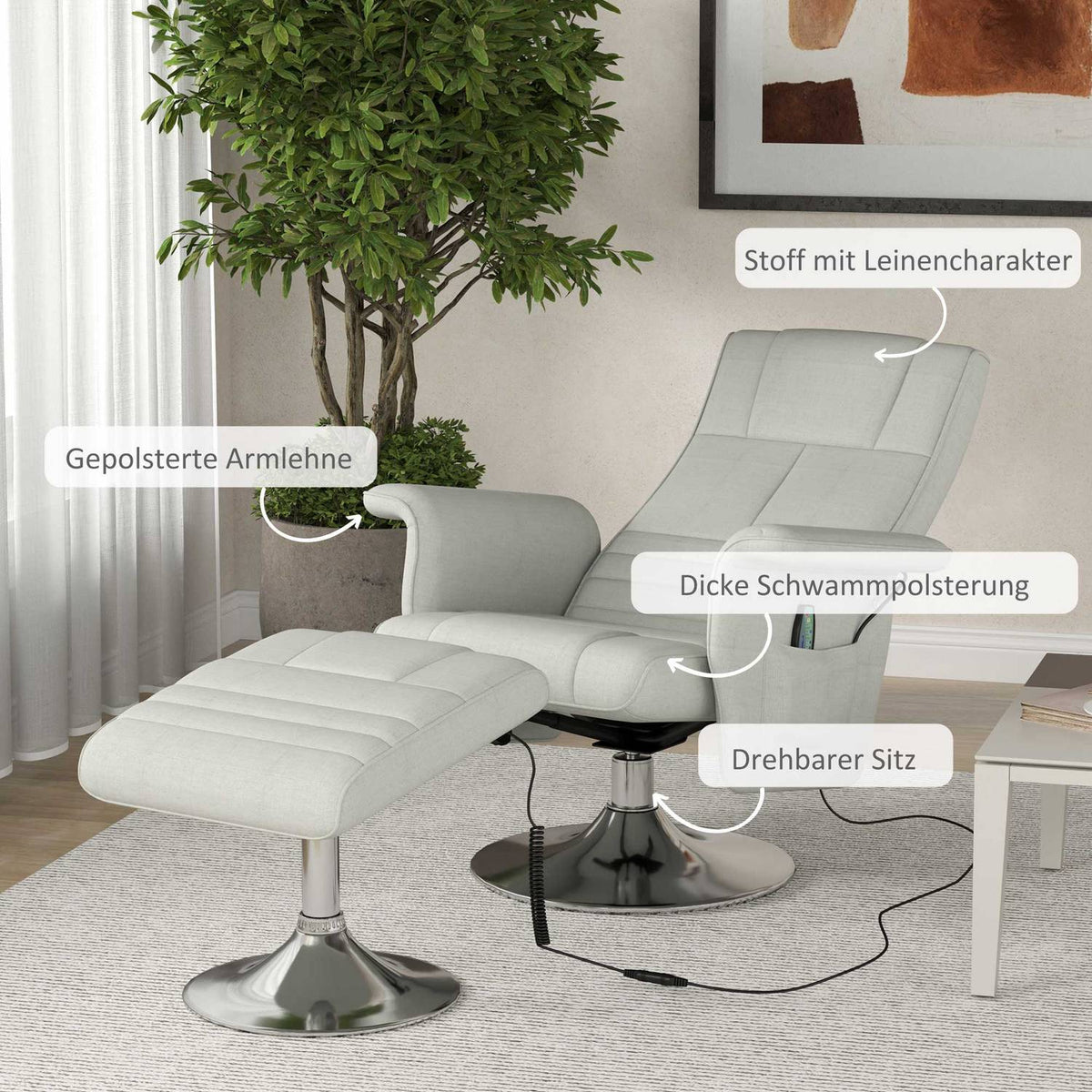 Relaxation chair with footstool, rotating massage chair with reclining function, 8 point vibration massage, electric TV chair with remote control, linen look, steel, cream white