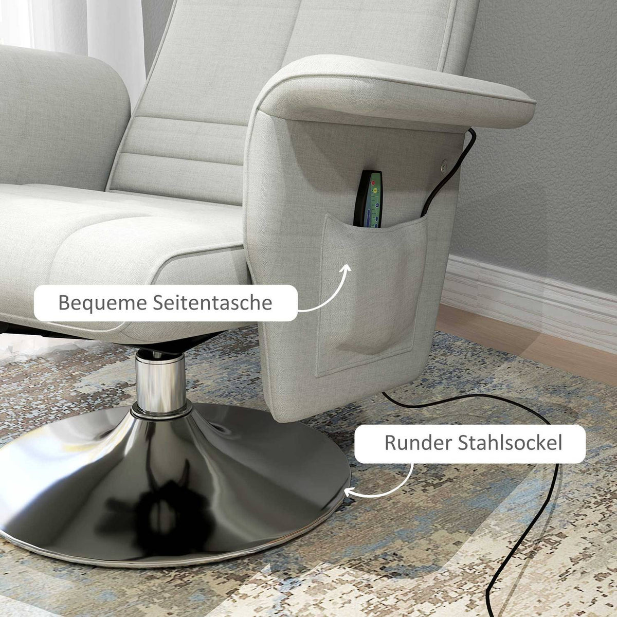 Relaxation chair with footstool, rotating massage chair with reclining function, 8 point vibration massage, electric TV chair with remote control, linen look, steel, cream white