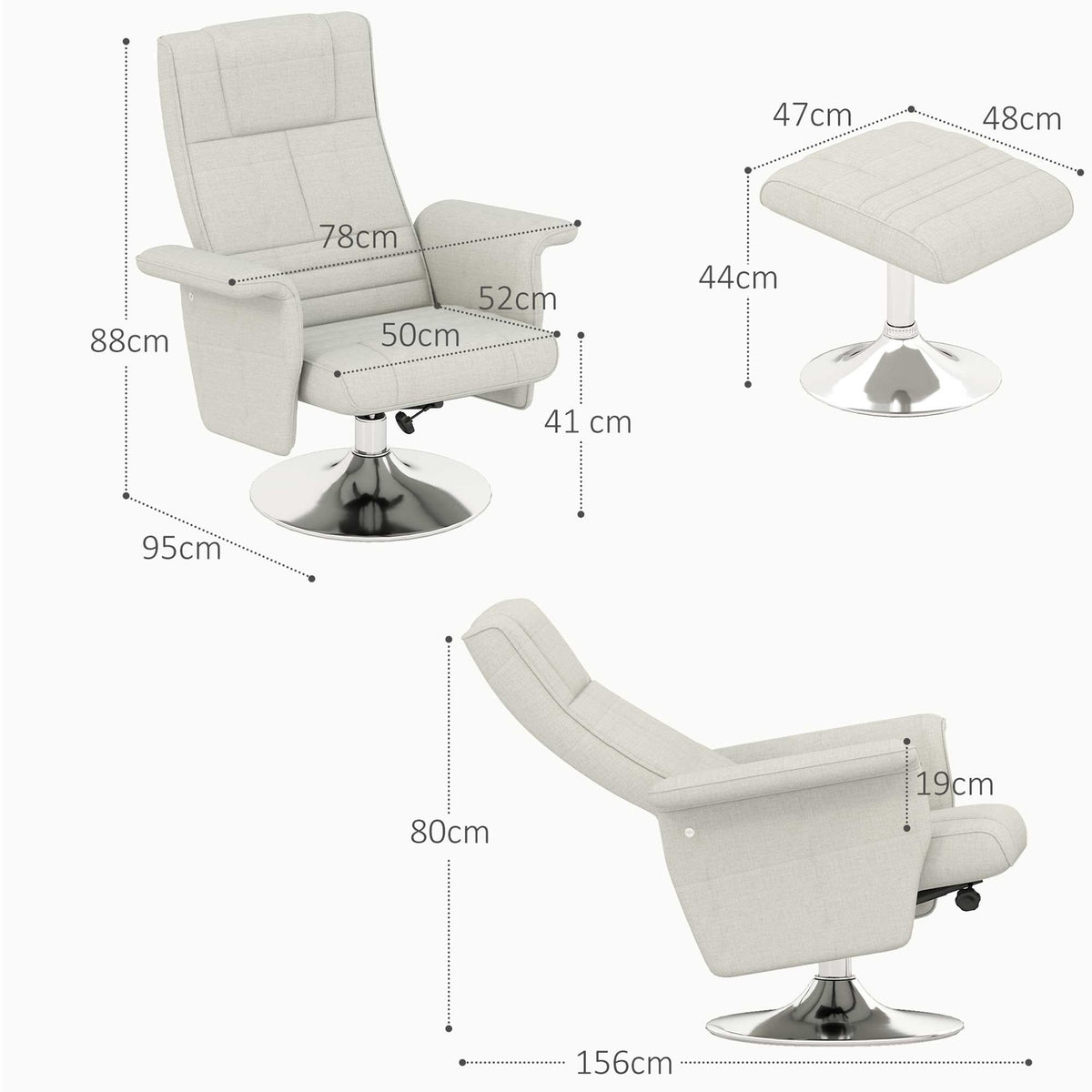 Relaxation chair with footstool, rotating massage chair with reclining function, 8 point vibration massage, electric TV chair with remote control, linen look, steel, cream white