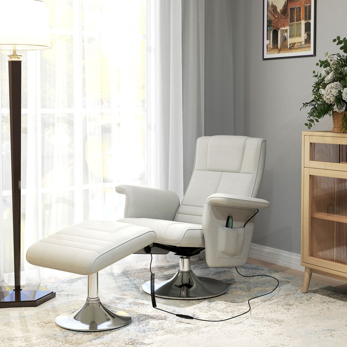 Relaxation chair with footstool, rotating massage chair with reclining function, 8 point vibration massage, electric TV chair with remote control, linen look, steel, cream white