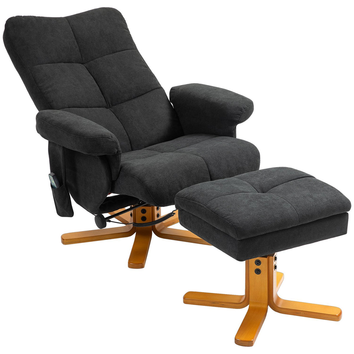 Relaxation chair with footstool, storage space, electric massage chair with reclining function, swivel TV chair with side pocket, remote control, wooden frame, polyester, black