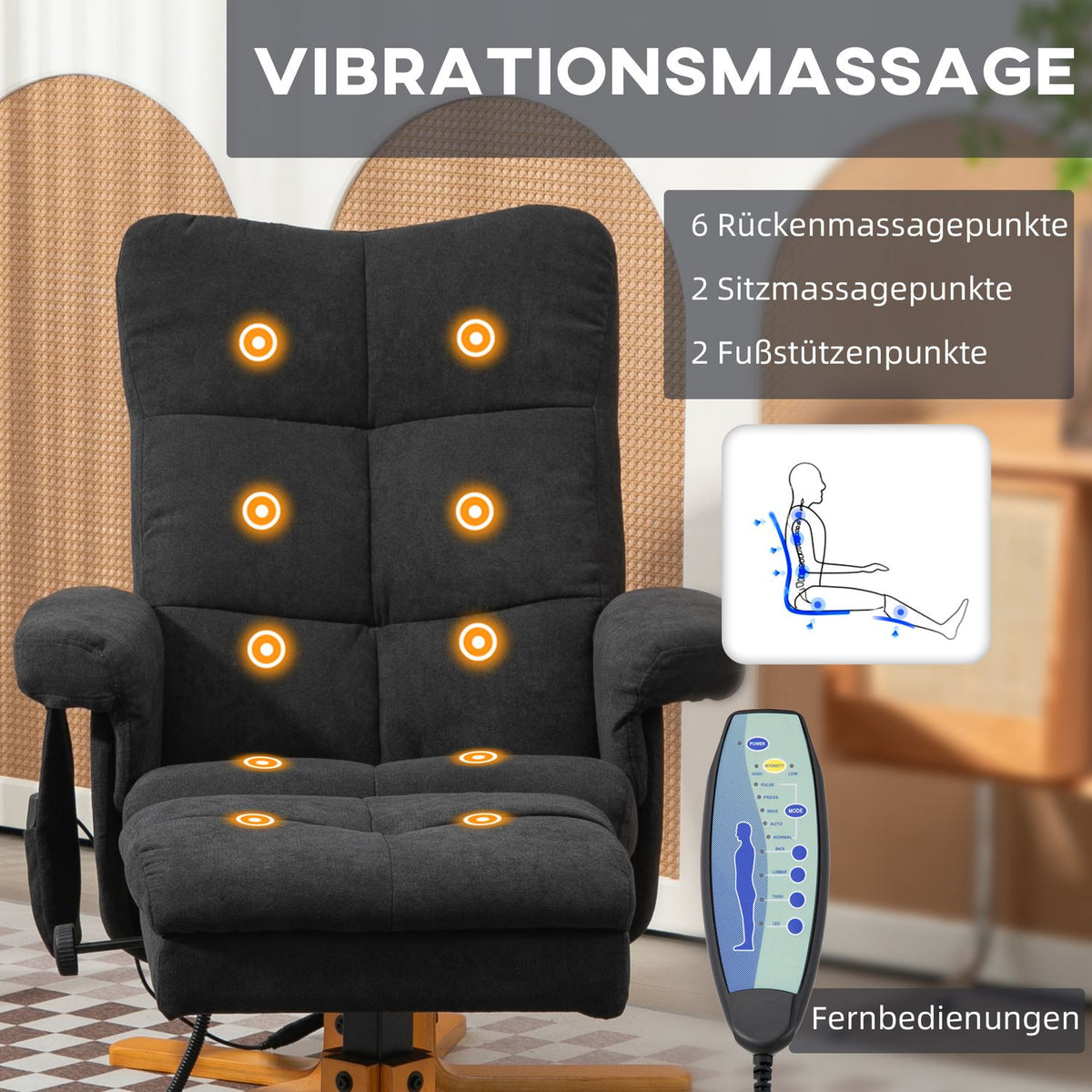 Relaxation chair with footstool, storage space, electric massage chair with reclining function, swivel TV chair with side pocket, remote control, wooden frame, polyester, black