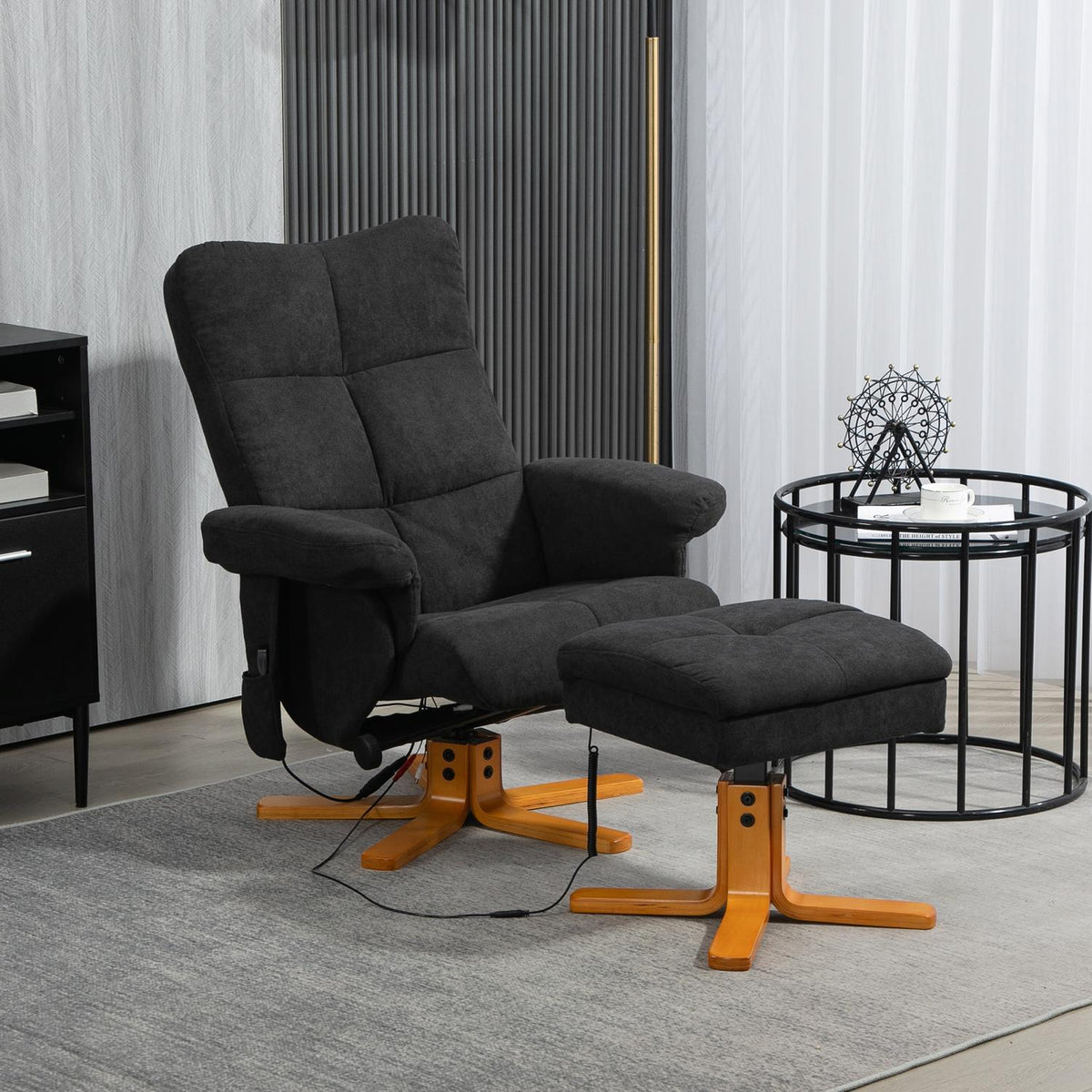 Relaxation chair with footstool, storage space, electric massage chair with reclining function, swivel TV chair with side pocket, remote control, wooden frame, polyester, black