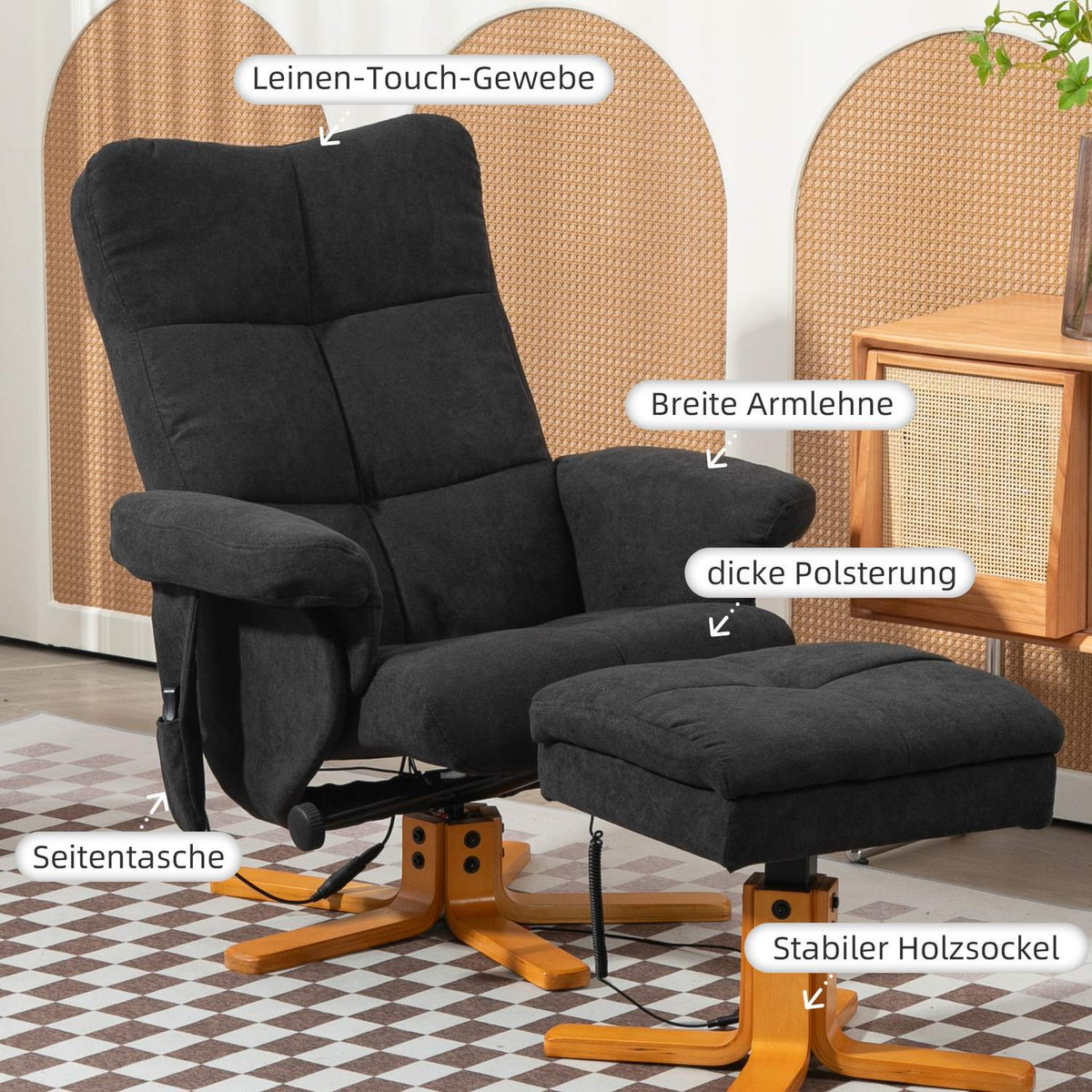 Relaxation chair with footstool, storage space, electric massage chair with reclining function, swivel TV chair with side pocket, remote control, wooden frame, polyester, black