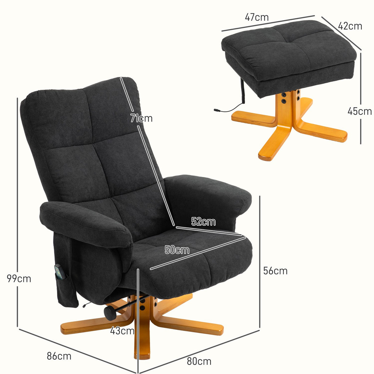 Relaxation chair with footstool, storage space, electric massage chair with reclining function, swivel TV chair with side pocket, remote control, wooden frame, polyester, black