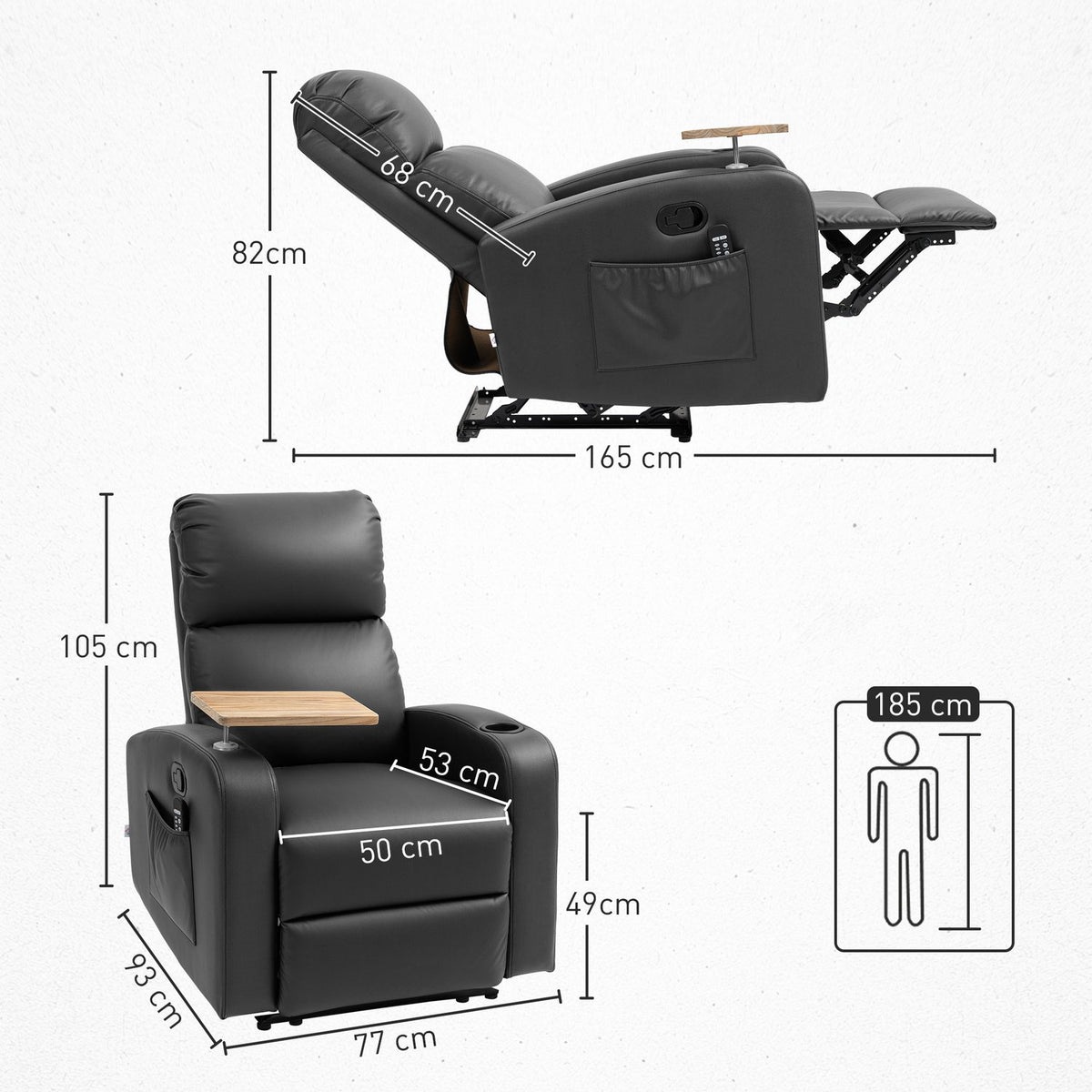 Relaxation chair with massage function, TV chair with reclining function, rotating table, massage chair, recliner with remote control, spring, side pocket and cup holder, microfiber, black