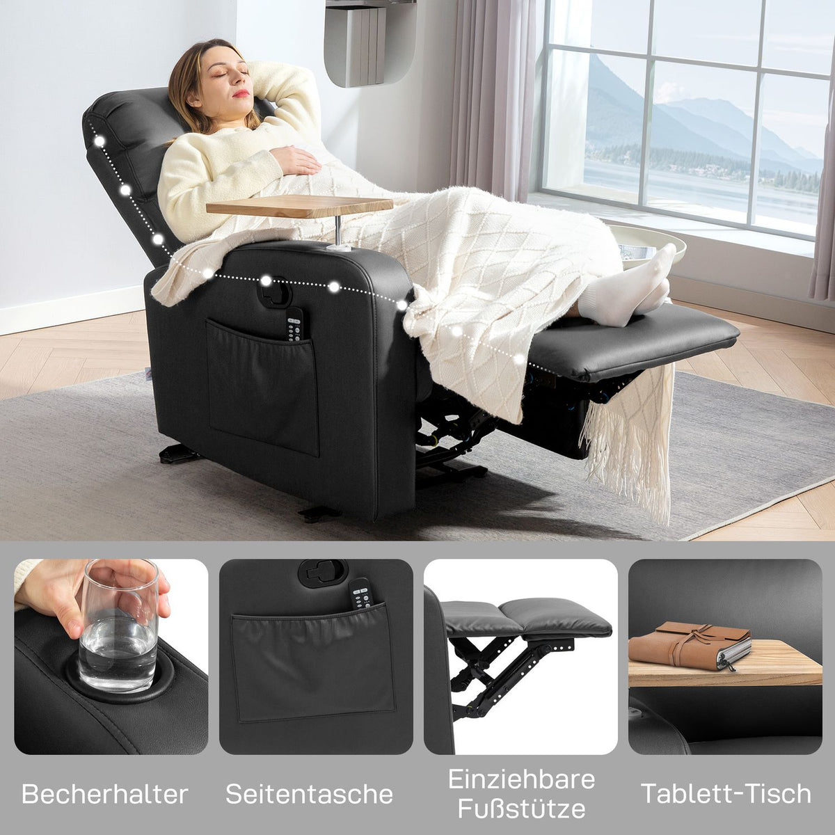 Relaxation chair with massage function, TV chair with reclining function, rotating table, massage chair, recliner with remote control, spring, side pocket and cup holder, microfiber, black