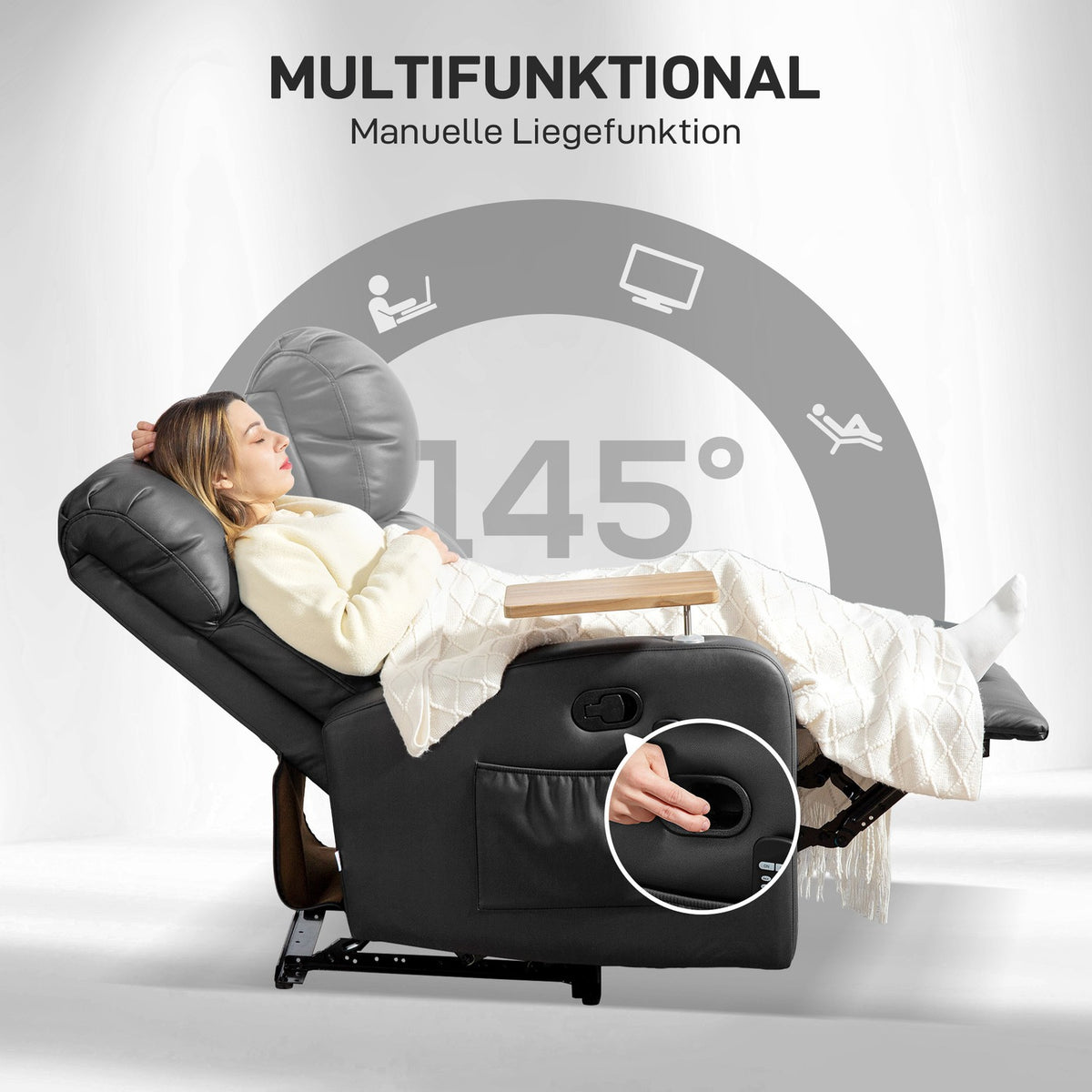 Relaxation chair with massage function, TV chair with reclining function, rotating table, massage chair, recliner with remote control, spring, side pocket and cup holder, microfiber, black