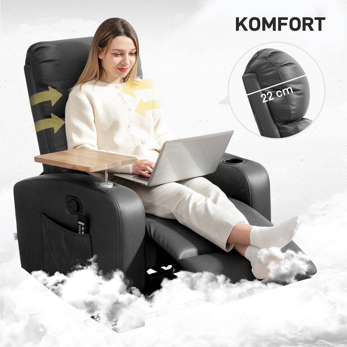 Relaxation chair with massage function, TV chair with reclining function, rotating table, massage chair, recliner with remote control, spring, side pocket and cup holder, microfiber, black