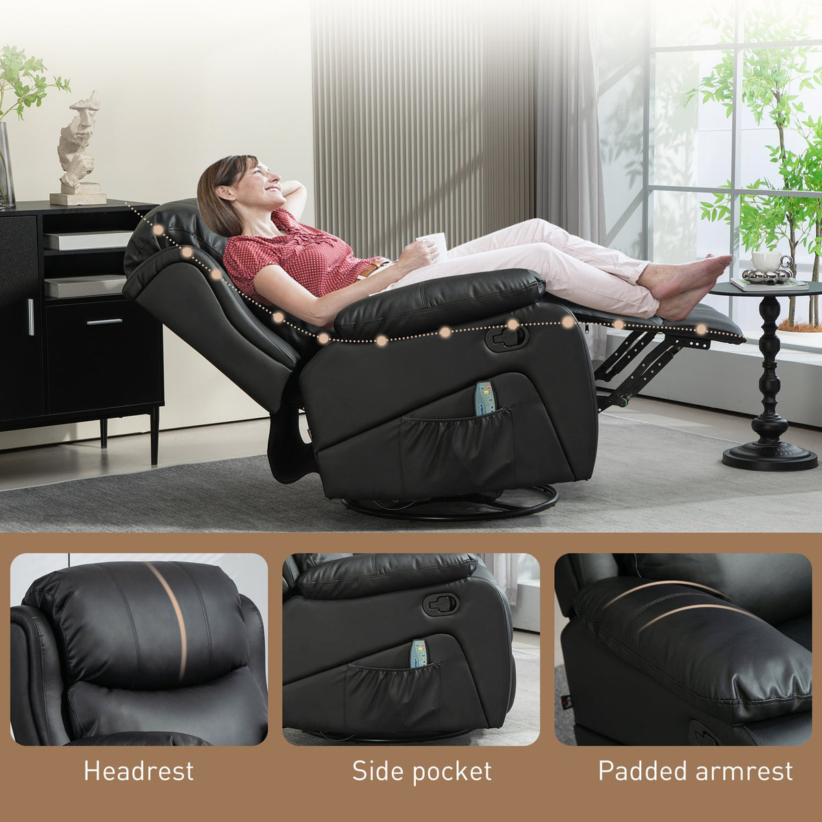 Relaxation chair with massage function, electric TV chair with reclining function, heating function, rotating massage chair with spring system
