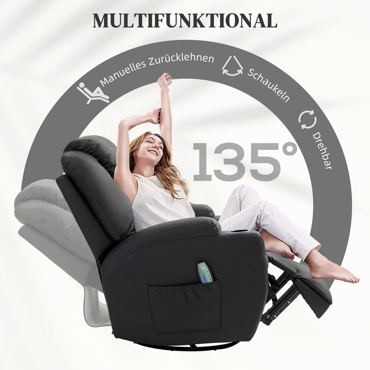 Relaxation chair with massage function, electric TV chair with reclining function, rocking function, rotating massage chair with spring system