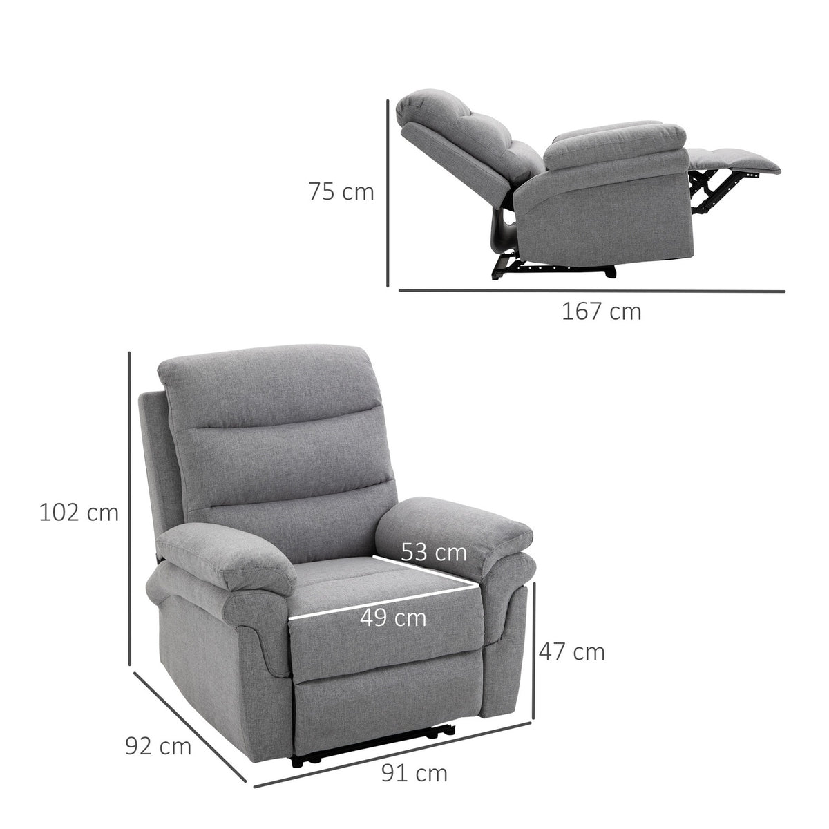 Relaxation chair with reclining function, 165° tilt, folding footrest, linen touch, recliner, TV chair, 91 x 92 x 102 cm, light gray