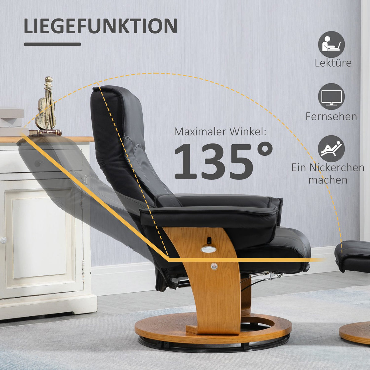 Relaxation chair with reclining function, TV chair, reclining chair with ottoman, rotatable up to 150 kg, faux leather, black