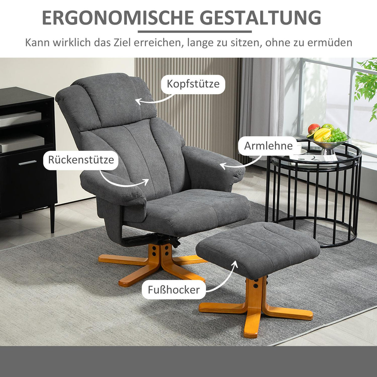 Relaxation chair with reclining function, lounge chair with stool, TV chair with a load capacity of up to 150 kg, for living room, bedroom, 79 x 80 x 104cm, dark gray