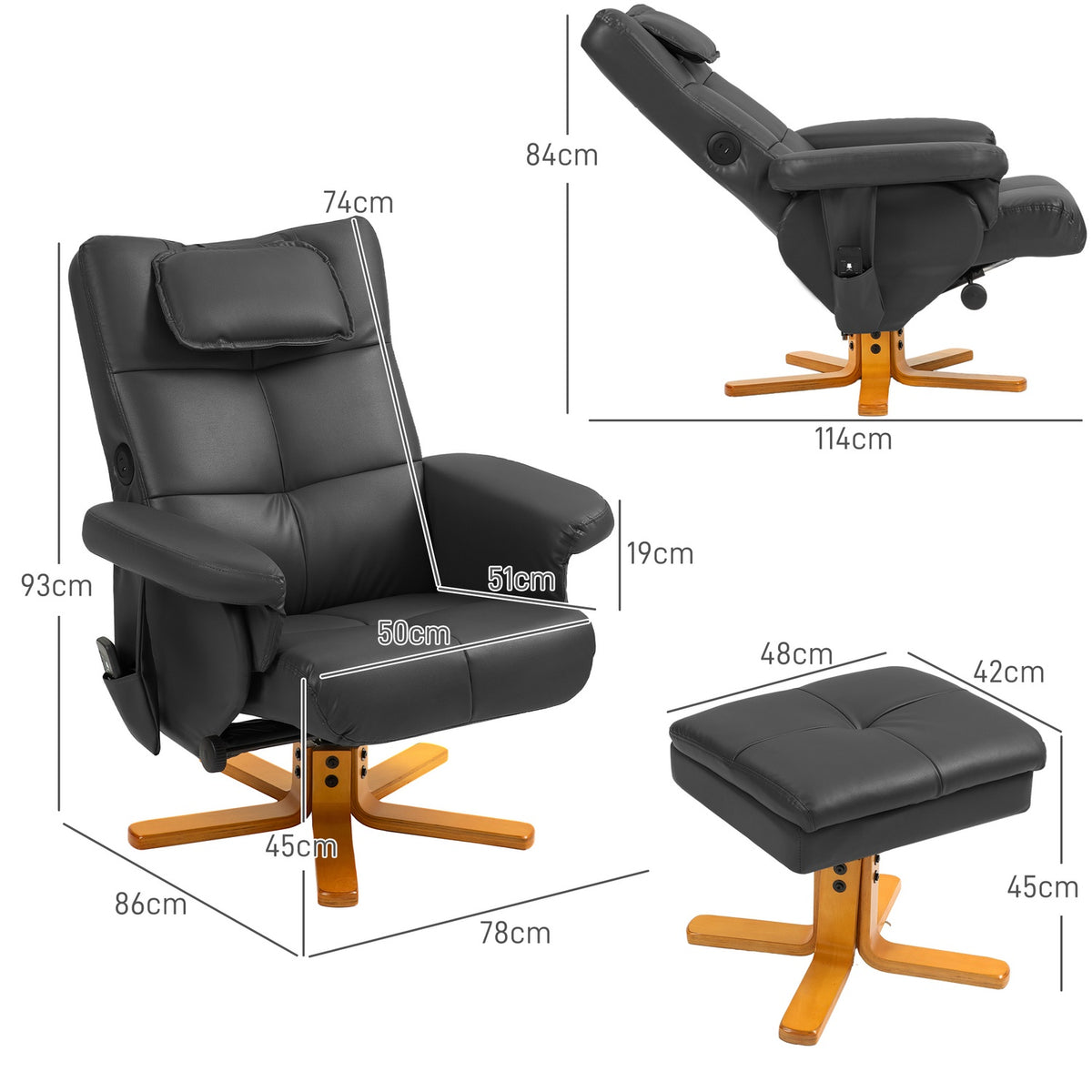 Relaxation chair with reclining function, massage chair with stool and storage space, TV chair with side pocket, faux leather, 78 x 86 x 93cm, black