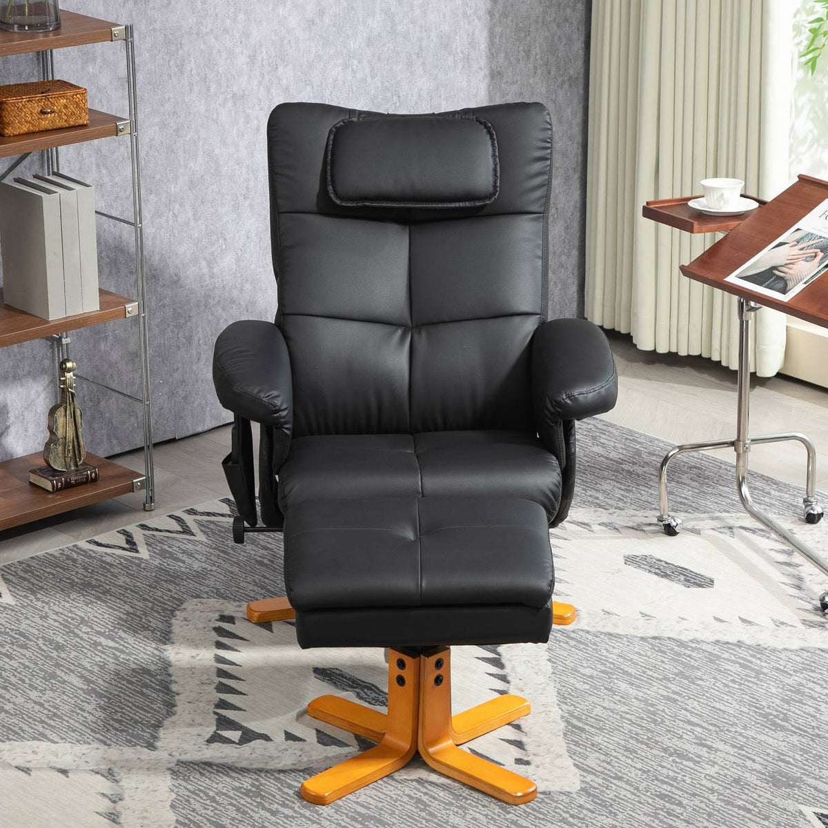 Relaxation chair with reclining function, massage chair with stool and storage space, TV chair with side pocket, faux leather, 78 x 86 x 93cm, black