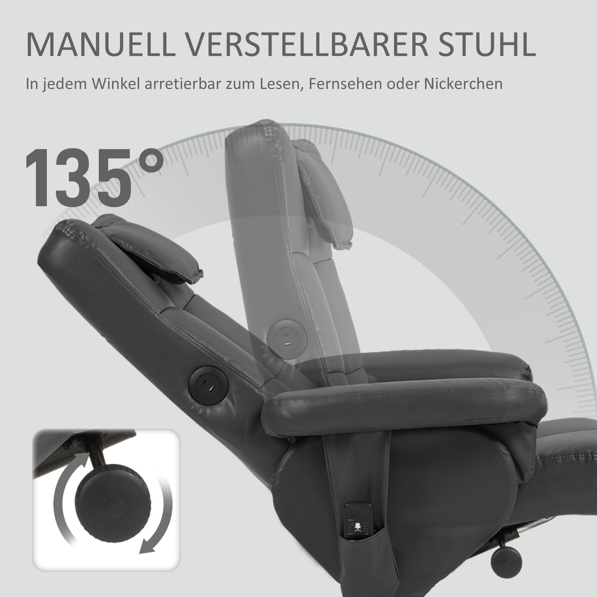 Relaxation chair with reclining function, massage chair with stool and storage space, TV chair with side pocket, faux leather, 78 x 86 x 93cm, black