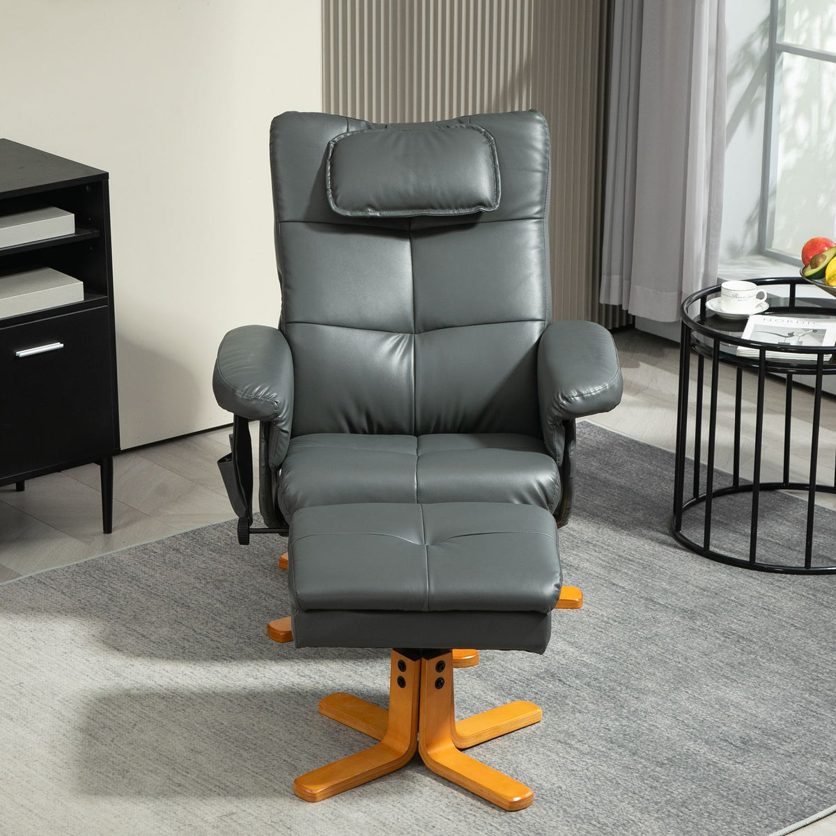 Relaxation chair with reclining function, massage chair with stool and storage space, TV chair with side pocket, faux leather, 78 x 86 x 93cm, dark grey