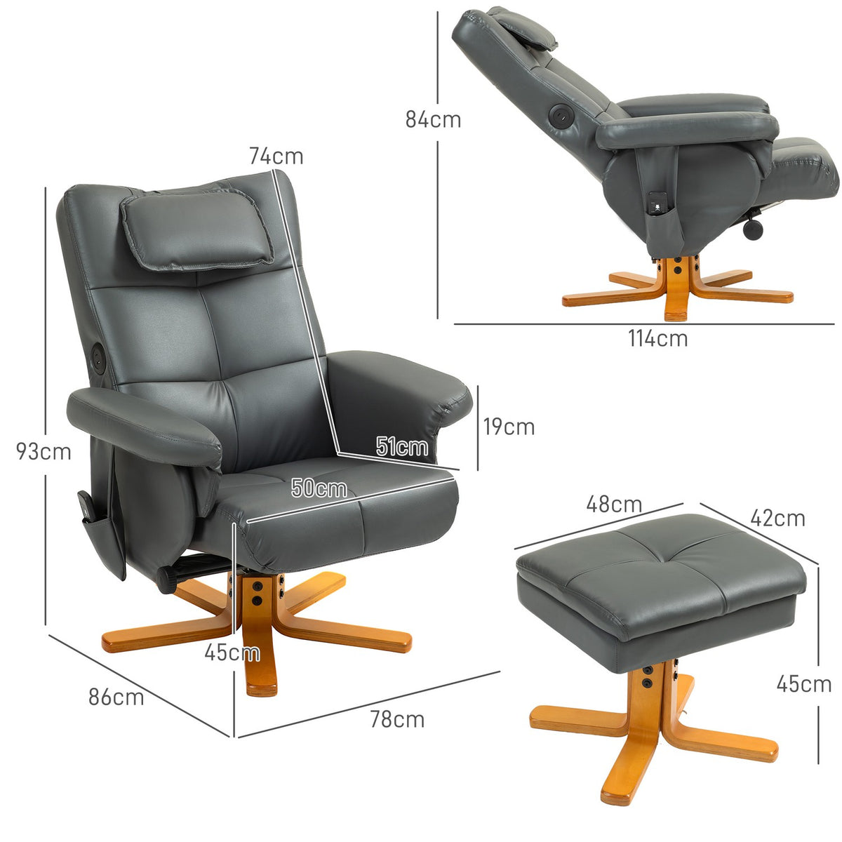 Relaxation chair with reclining function, massage chair with stool and storage space, TV chair with side pocket, faux leather, 78 x 86 x 93cm, dark grey