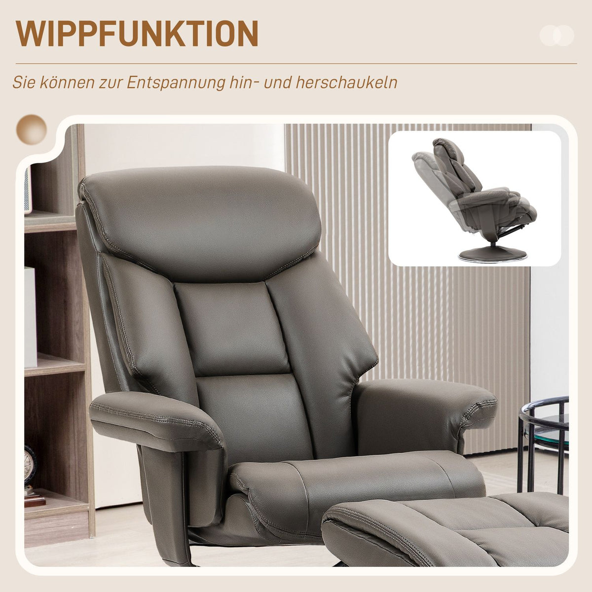 Relaxation chair with reclining function, rocker function, stool, backrest, TV chair TV armchair for bedroom, living room, faux leather