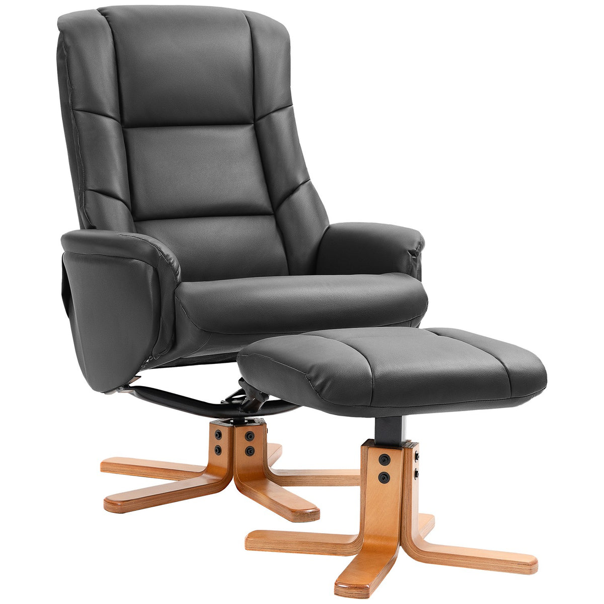 Relaxation chair with stool, 360° rotatable, 130° tiltable, with reclining function, high backrest, wooden frame, imitation leather, 76x85x104cm, black