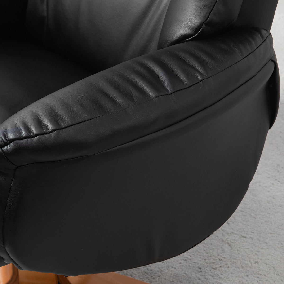 Relaxation chair with stool, 360° rotatable, 130° tiltable, with reclining function, high backrest, wooden frame, imitation leather, 76x85x104cm, black