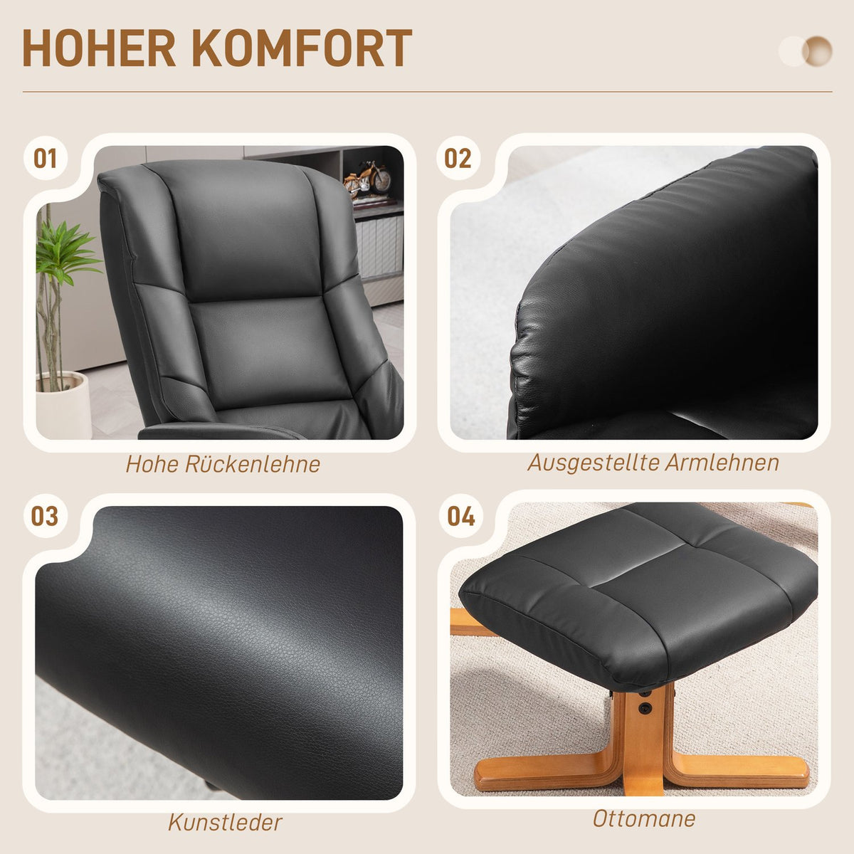 Relaxation chair with stool, 360° rotatable, 130° tiltable, with reclining function, high backrest, wooden frame, imitation leather, 76x85x104cm, black