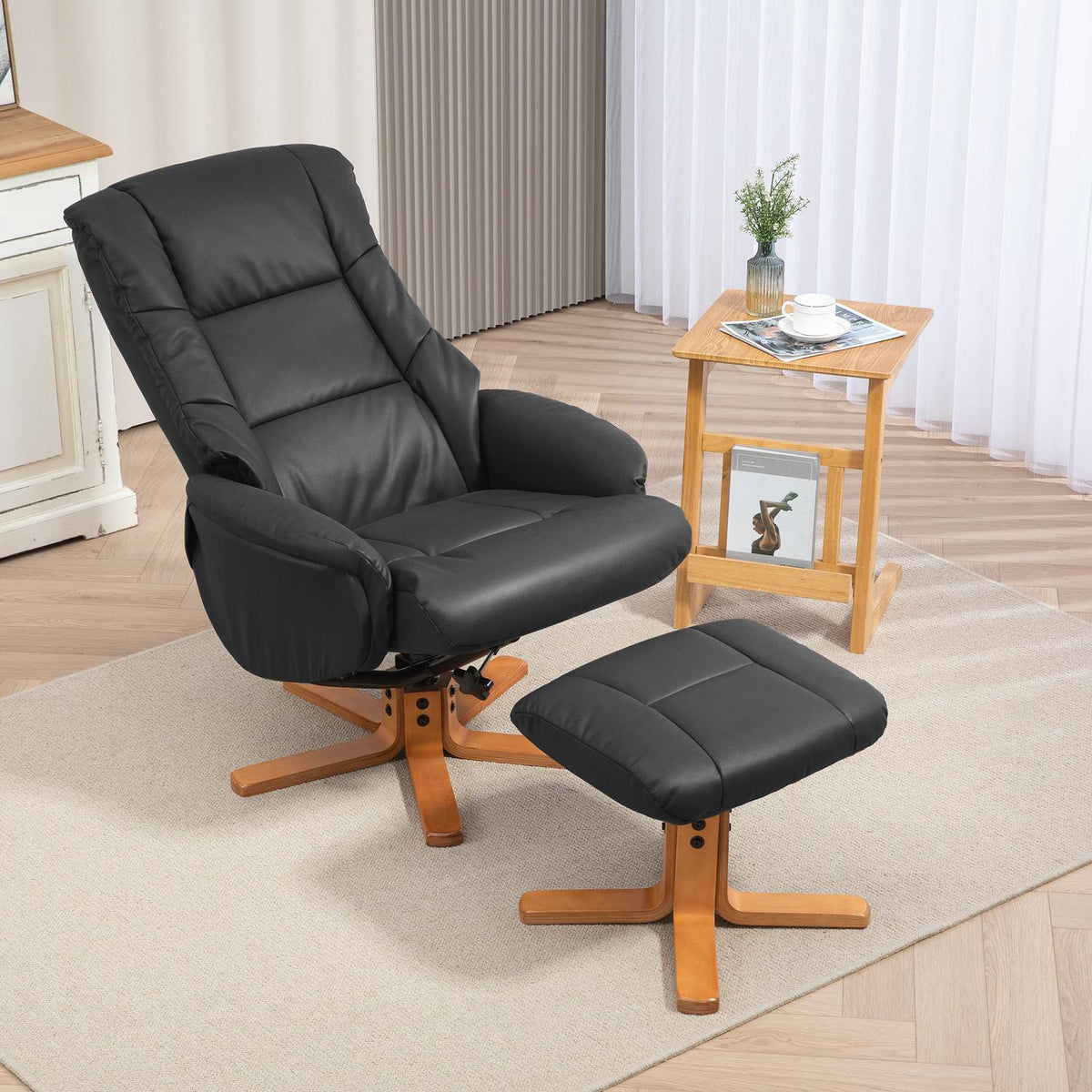 Relaxation chair with stool, 360° rotatable, 130° tiltable, with reclining function, high backrest, wooden frame, imitation leather, 76x85x104cm, black
